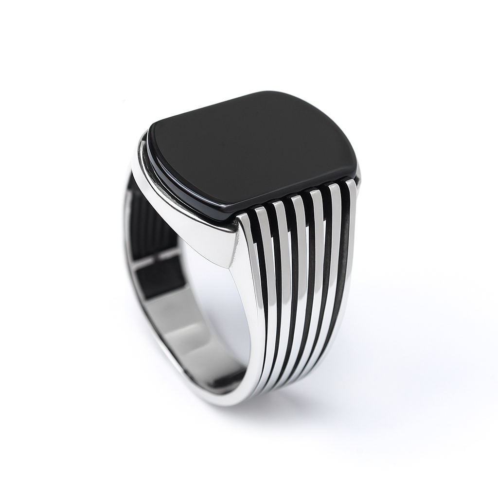ZMR0171 – Bold Sterling Silver Ring with Linear Band & Deep Black Onyx