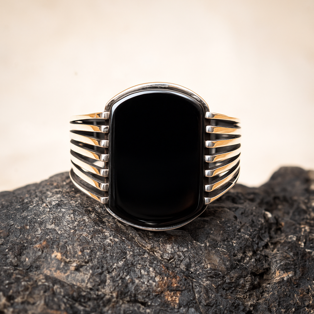 ZMR0171 – Bold Sterling Silver Ring with Linear Band & Deep Black Onyx