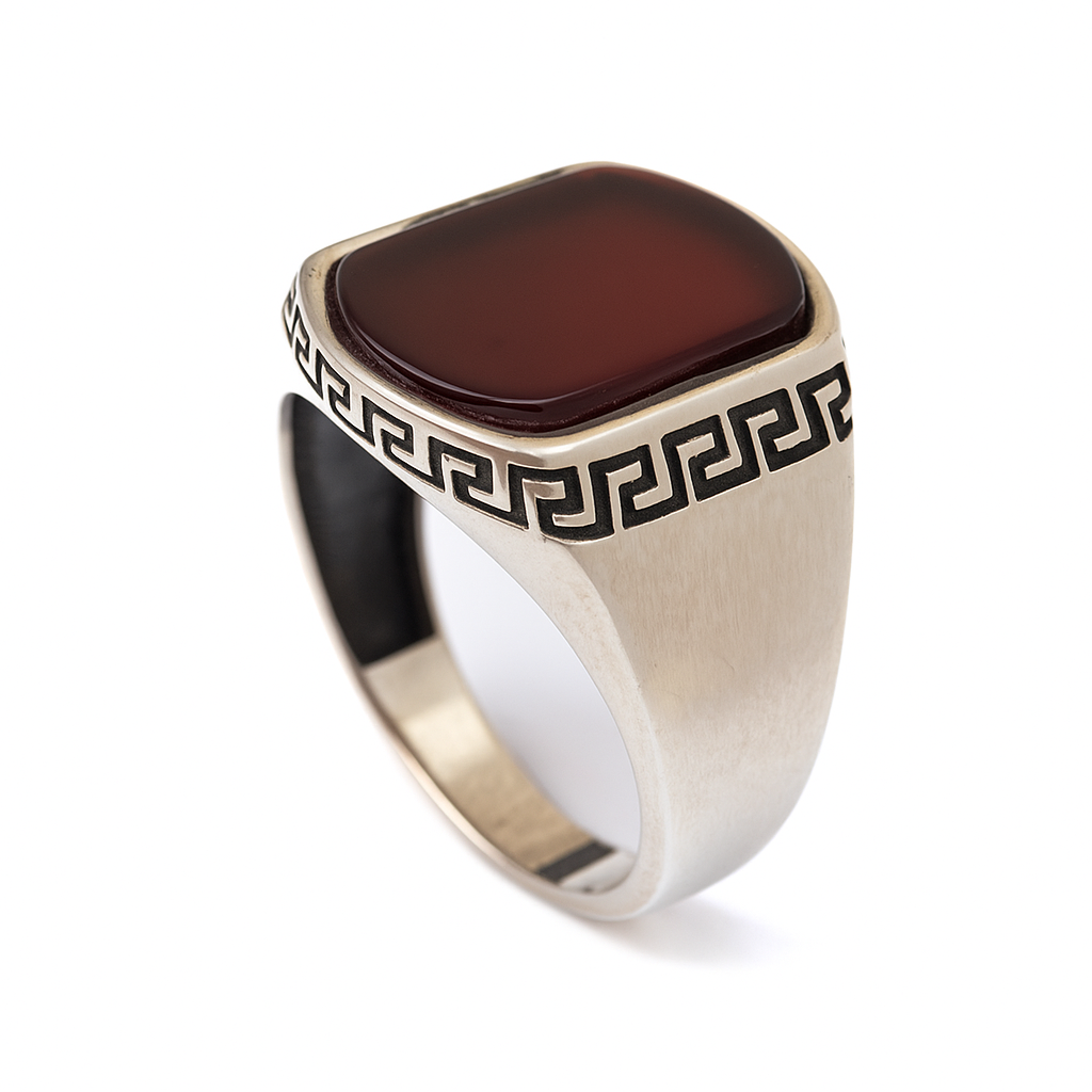 ZMR0173 – Statement Sterling Silver Ring with Greek Frame & Deep Red Carnelian
