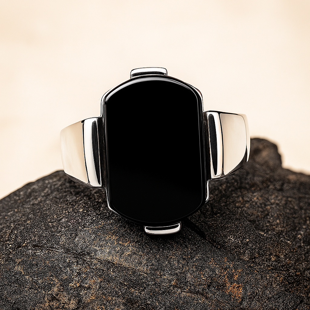 ZMR0172 β Bold Sterling Silver Ring with Elevated Frame & Deep Black Onyx