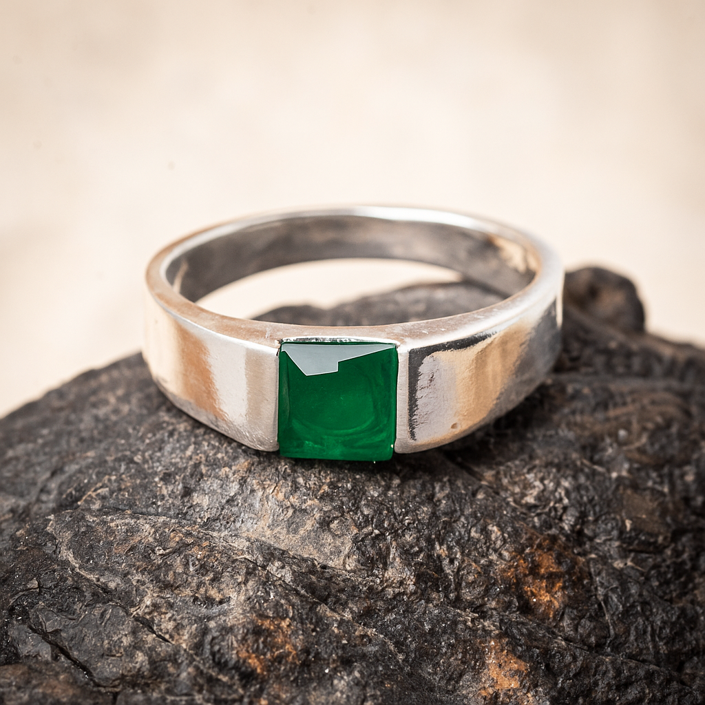 ZMR0183 β Minimalist Sterling Silver Ring with Square-Cut Green Stone
