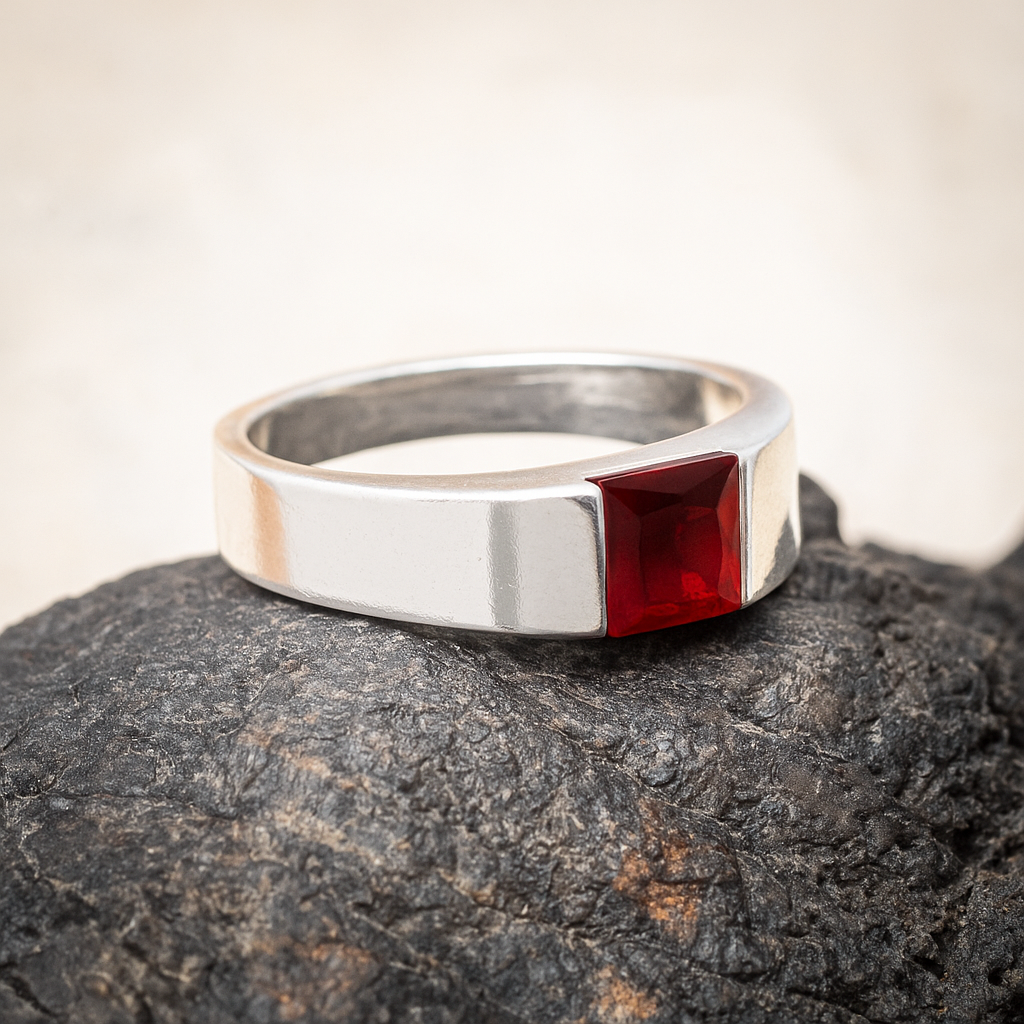 ZMR0184 β Minimalist Sterling Silver Ring with Square-Cut Ruby Red Stone