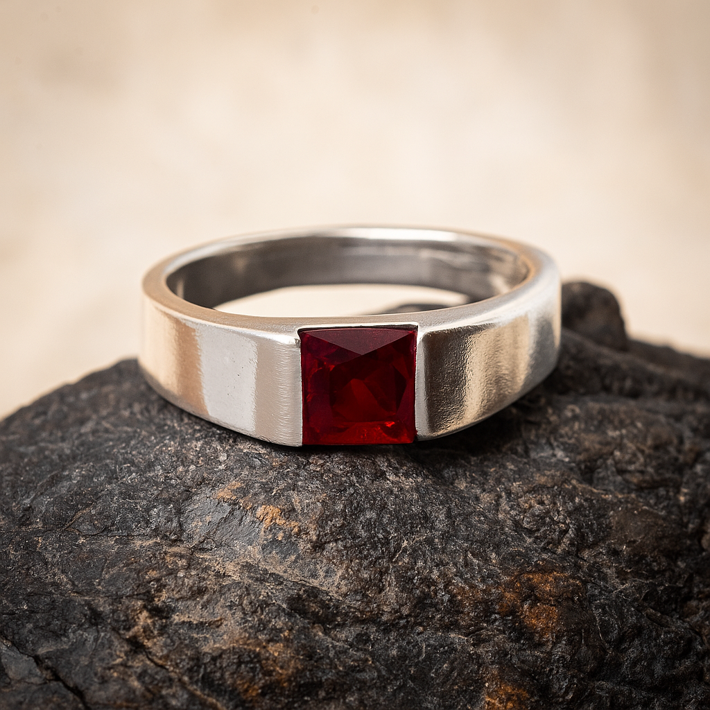 ZMR0184 β Minimalist Sterling Silver Ring with Square-Cut Ruby Red Stone