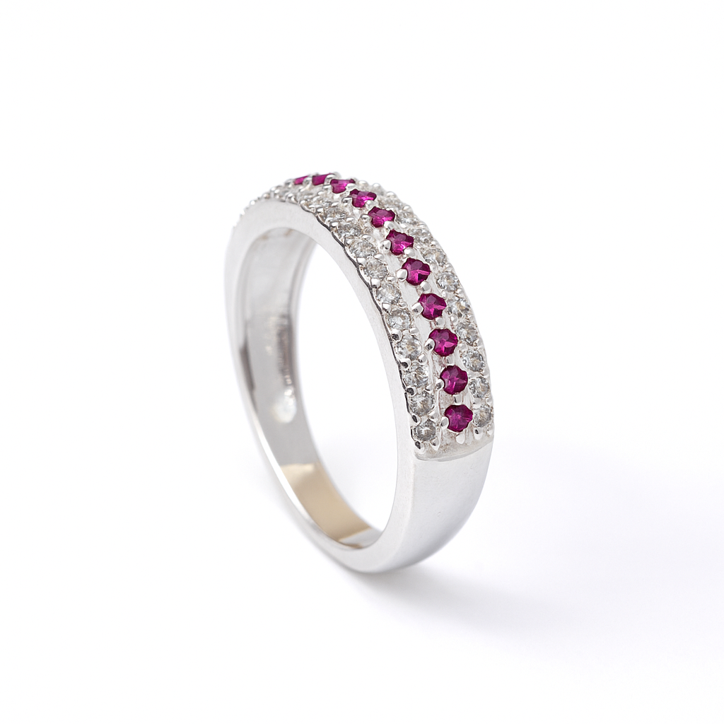 ZWR0131 – Elegant Sterling Silver Band with Crimson & Crystal Pave Detail