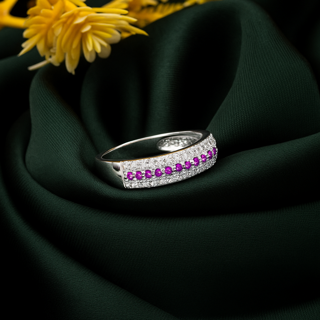 ZWR0131 – Elegant Sterling Silver Band with Crimson & Crystal Pave Detail