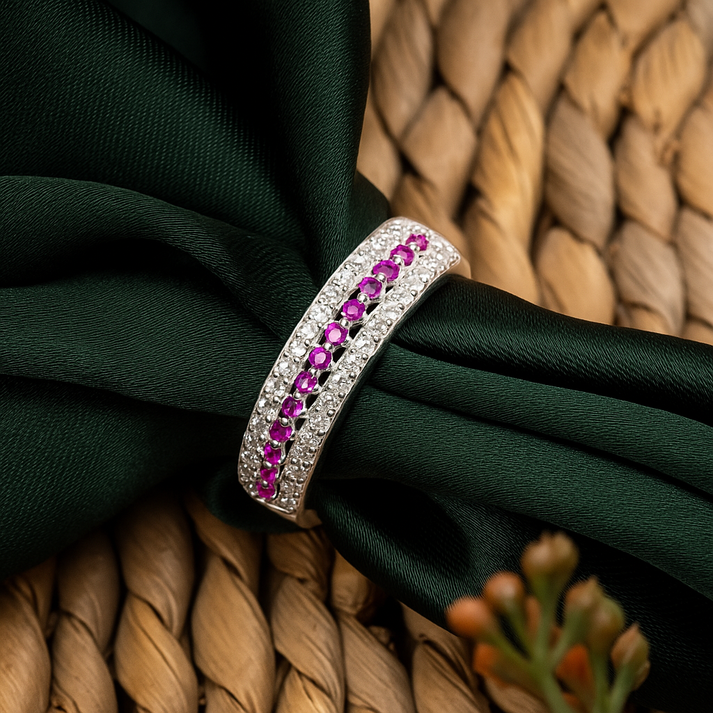 ZWR0131 – Elegant Sterling Silver Band with Crimson & Crystal Pave Detail