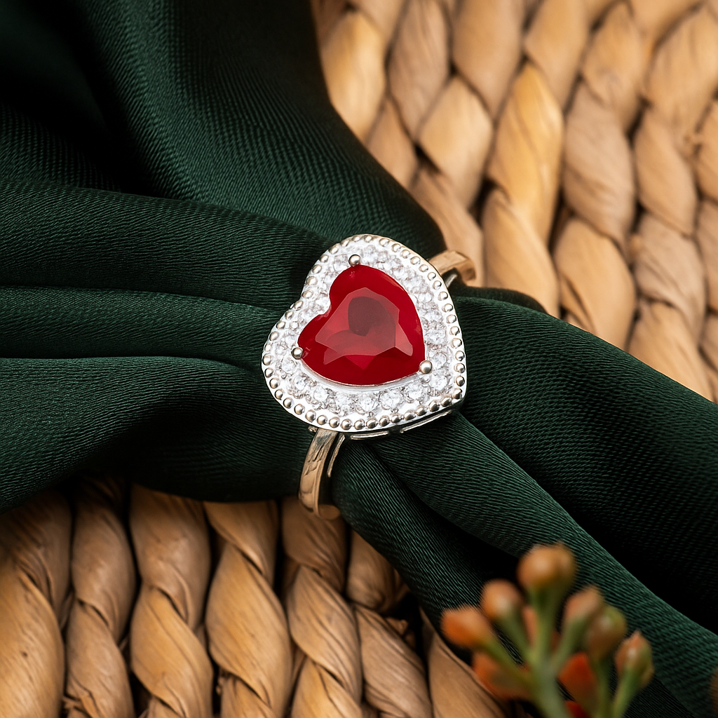 ZWR0133 – Heart-Shaped Red Stone Ring in Sterling Silver with Crystal Halo