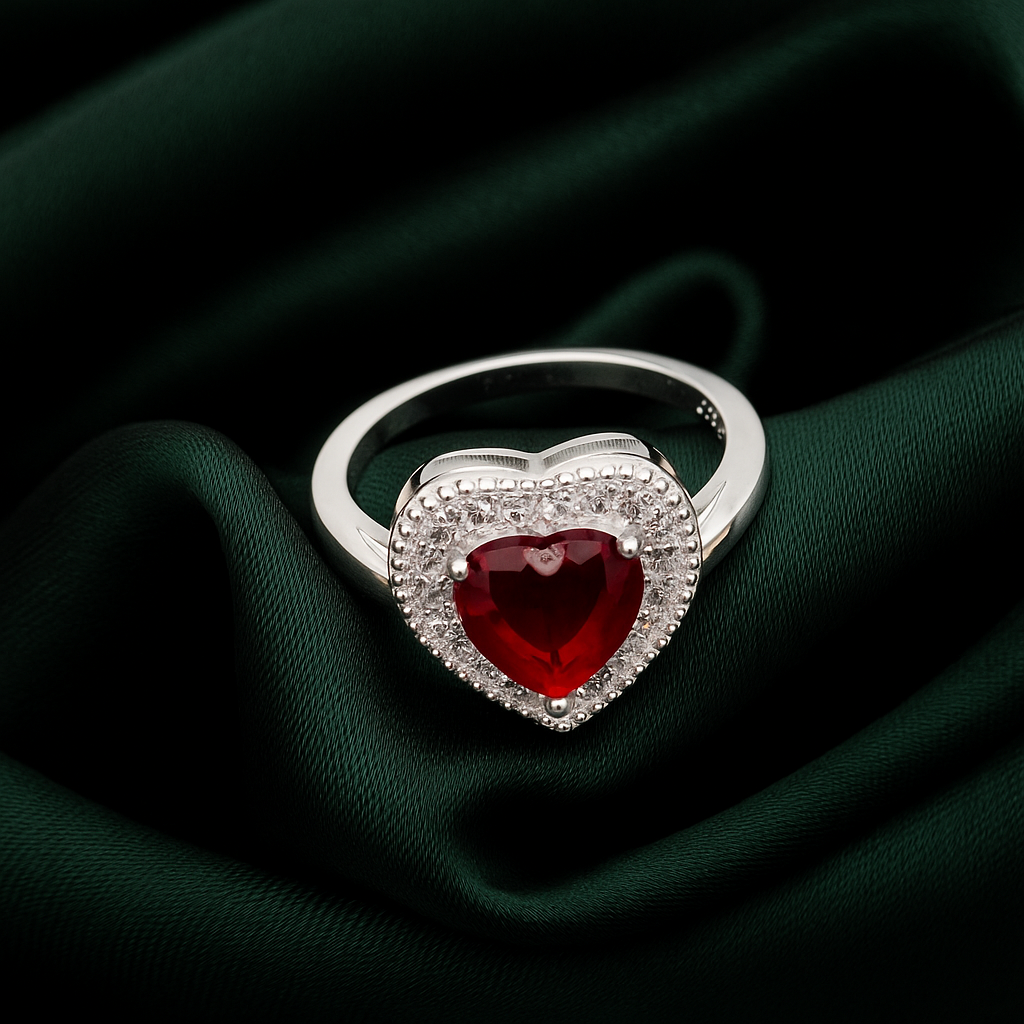 ZWR0133 – Heart-Shaped Red Stone Ring in Sterling Silver with Crystal Halo