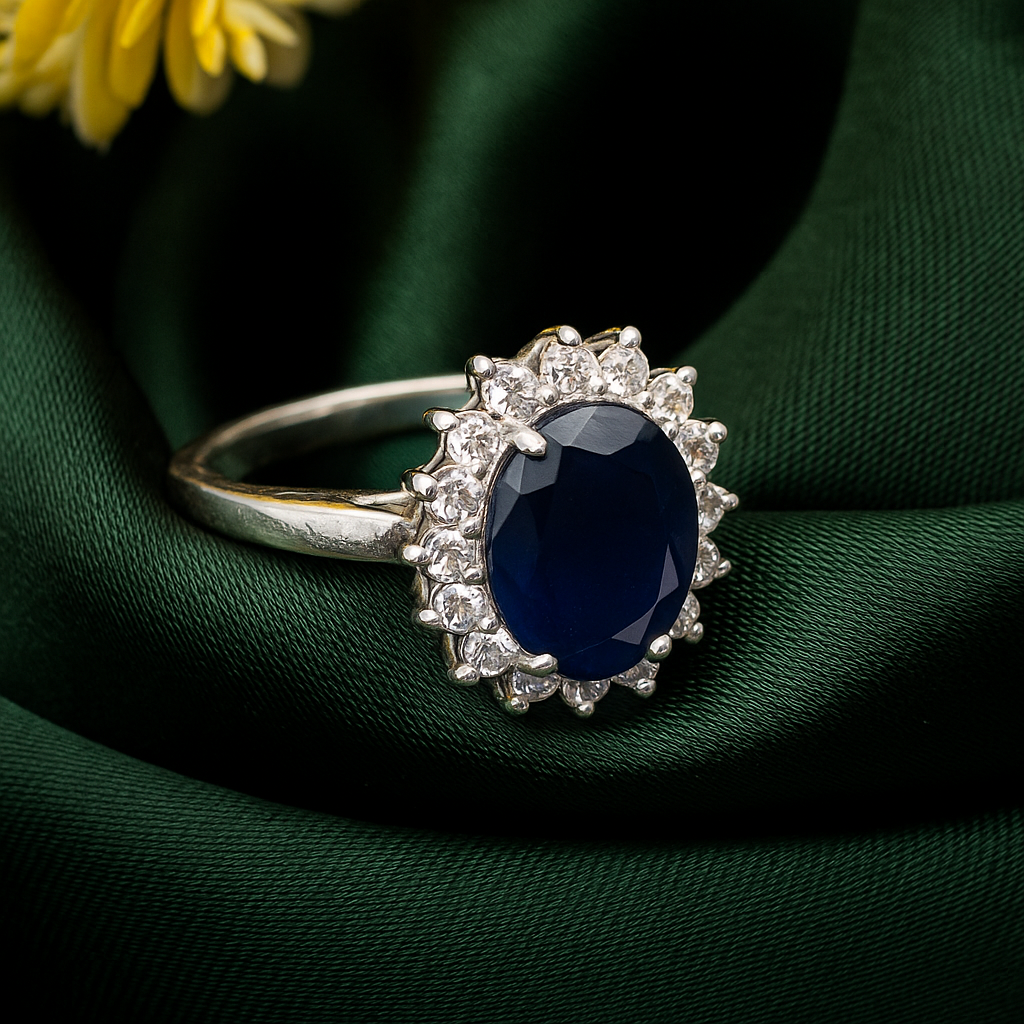 ZWR0134 – Sterling Silver Royal Bloom Ring with Midnight Blue Centerpiece