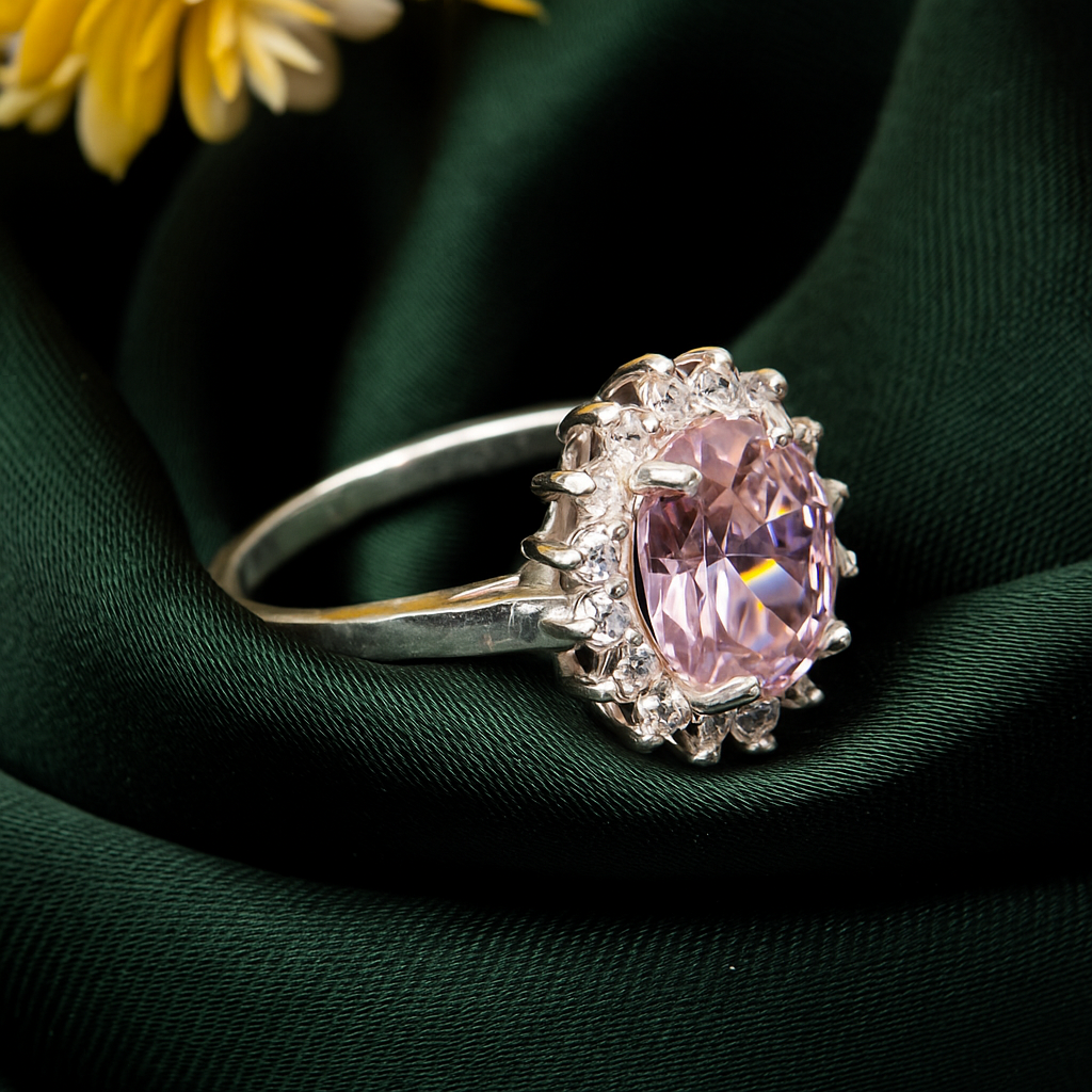ZWR0138 – Sterling Silver Halo Ring with Pink Oval Center Stone & Diamond Accents