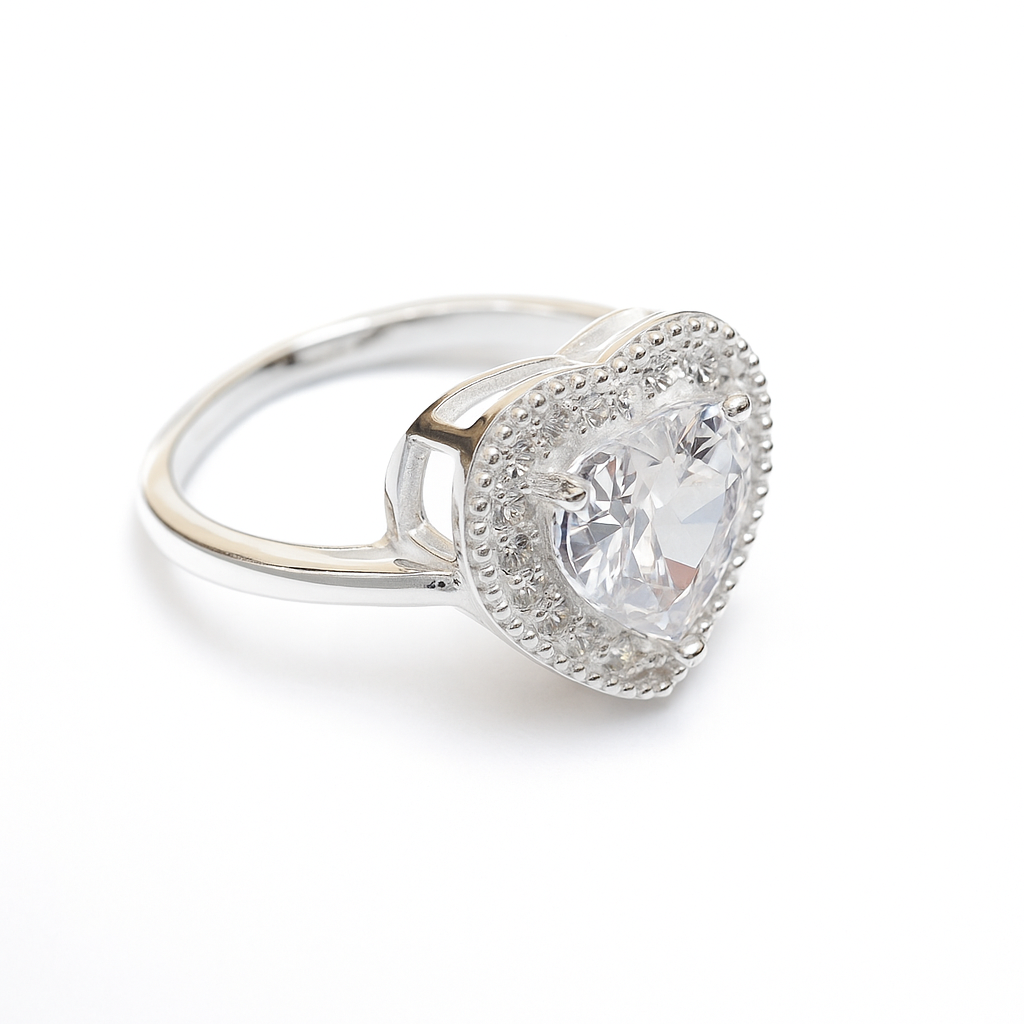 ZWR0155 – Sterling Silver Heart Halo Ring with Brilliant White Center Stone
