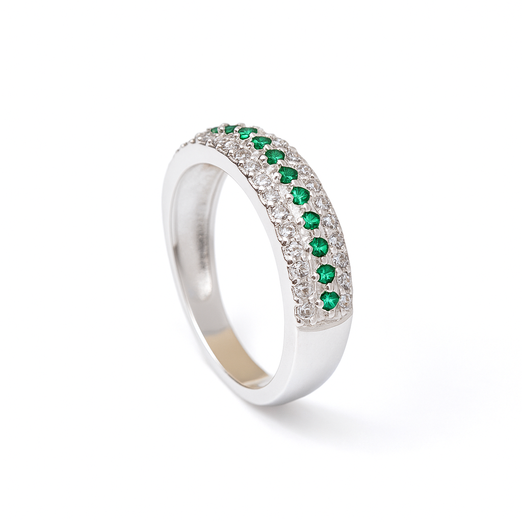 ZWR0130 – Classic Emerald Accent Sterling Silver Band with Triple Row Sparkle