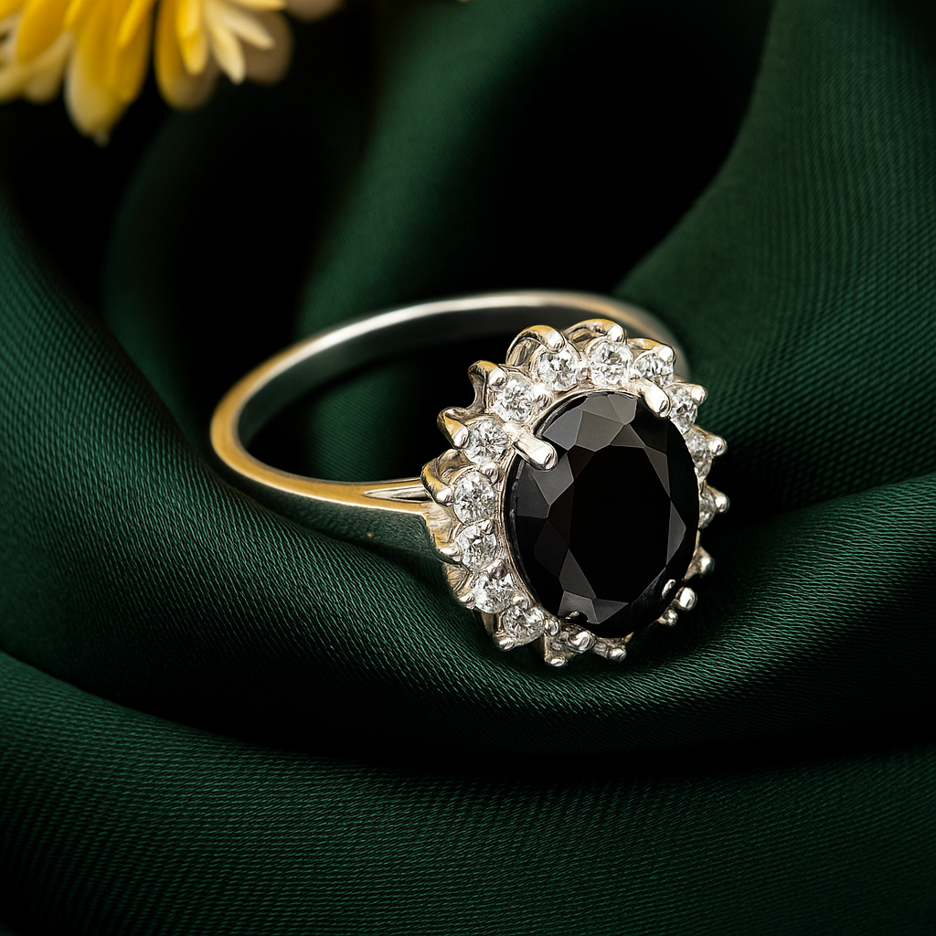 ZWR0161 – Sterling Silver Ring with Jet Black Oval Centerpiece & Brilliant Halo