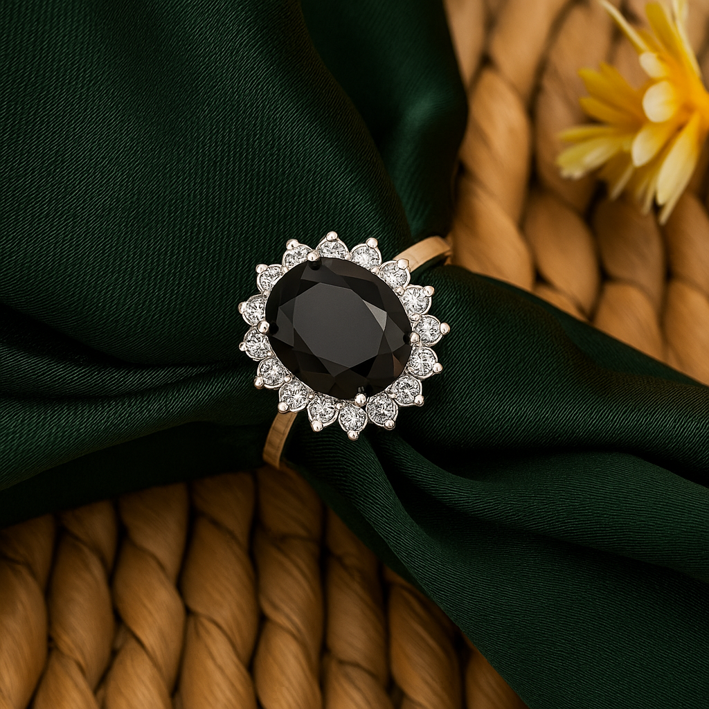 ZWR0161 – Sterling Silver Ring with Jet Black Oval Centerpiece & Brilliant Halo
