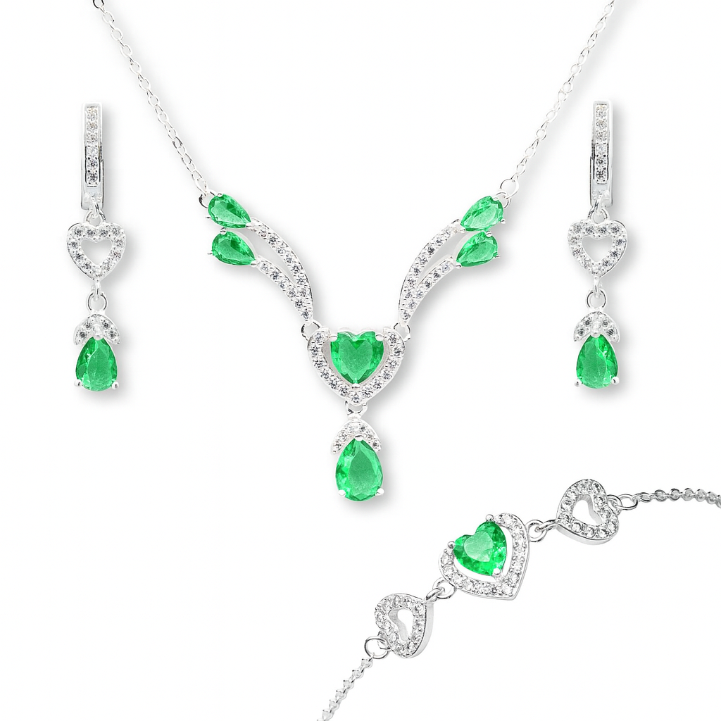 ZWS0241 – Sterling Silver 5-Piece Set with Heart-Cut Crystals (Multiple Colors)