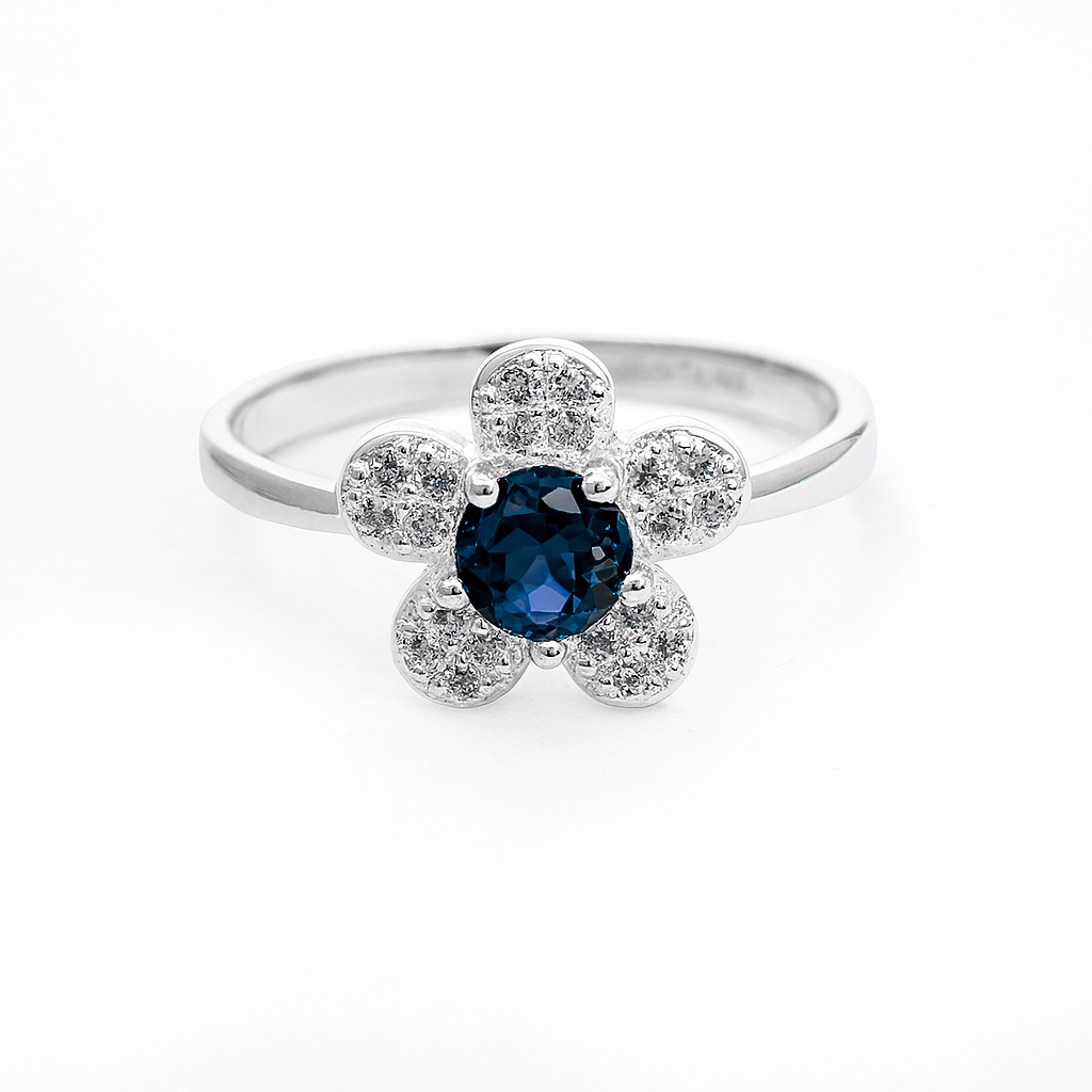 ZWS0242 – Sterling Silver 5-Piece Set with Floral Crystal Design (Ruby Red & Sapphire Blue)
