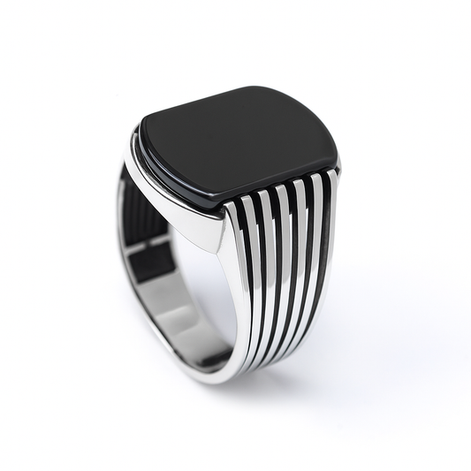 ZMR0171 – Bold Sterling Silver Ring with Linear Band & Deep Black Onyx