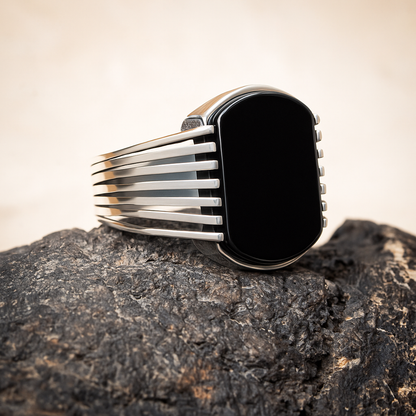 ZMR0171 – Bold Sterling Silver Ring with Linear Band & Deep Black Onyx