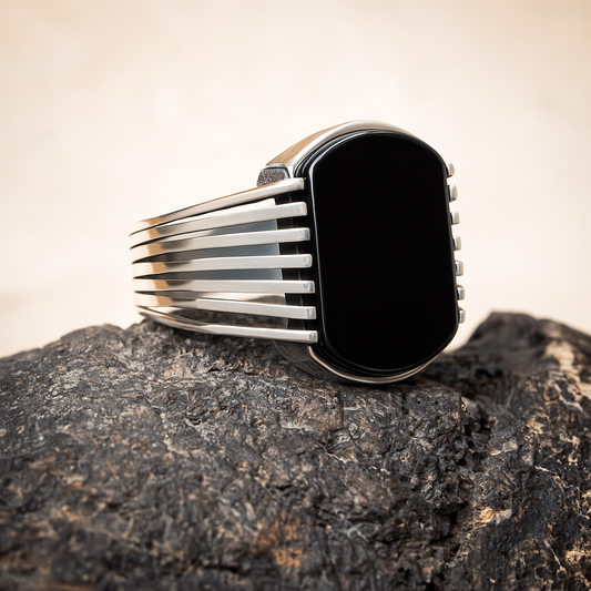 ZMR0171 – Bold Sterling Silver Ring with Linear Band & Deep Black Onyx