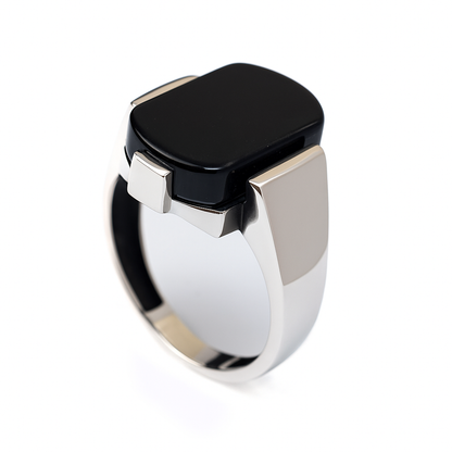ZMR0172 – Bold Sterling Silver Ring with Elevated Frame & Deep Black Onyx