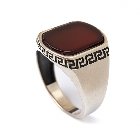 ZMR0173 – Statement Sterling Silver Ring with Greek Frame & Deep Red Carnelian
