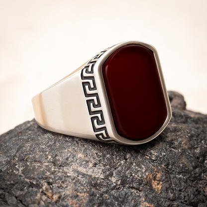 ZMR0173 – Statement Sterling Silver Ring with Greek Frame & Deep Red Carnelian
