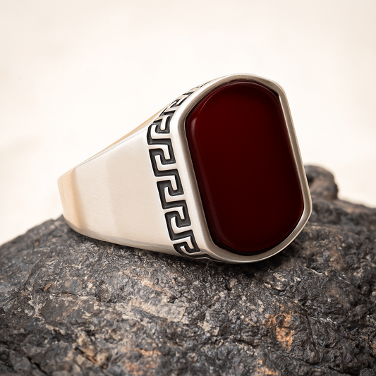 ZMR0173 – Statement Sterling Silver Ring with Greek Frame & Deep Red Carnelian