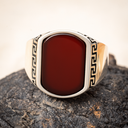 ZMR0173 – Statement Sterling Silver Ring with Greek Frame & Deep Red Carnelian