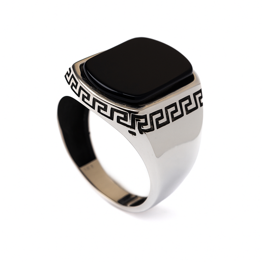 ZMR0174 – Geometric Sterling Silver Ring with Jet Black Onyx & Greek Key Motif