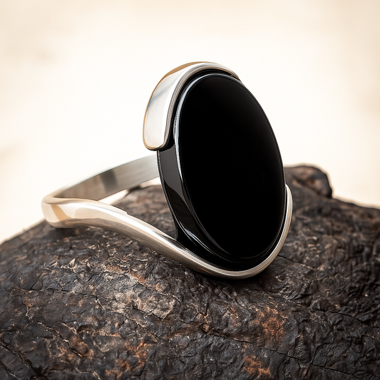 ZMR0175 – Sculpted Sterling Silver Ring with Curved Embrace & Oval Black Onyx