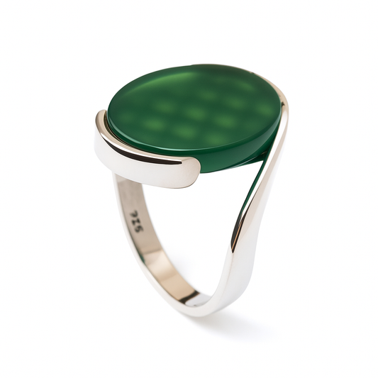 ZMR0177 – Contemporary Sterling Silver Ring with Curved Wrap & Polished Green Onyx