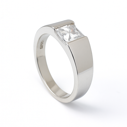 ZMR0178 – Polished Sterling Silver Ring with Princess-Cut White Sapphire