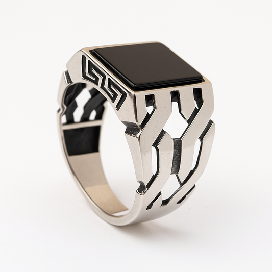 ZMR0180 – Futuristic Sterling Silver Ring with Cutout Armor Band & Square Black Onyx