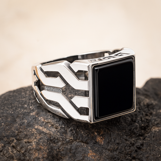ZMR0180 – Futuristic Sterling Silver Ring with Cutout Armor Band & Square Black Onyx