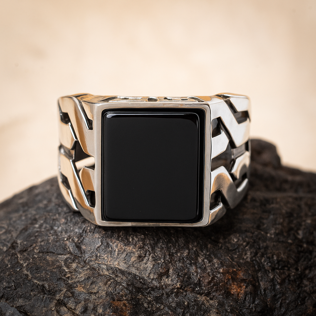 ZMR0180 – Futuristic Sterling Silver Ring with Cutout Armor Band & Square Black Onyx