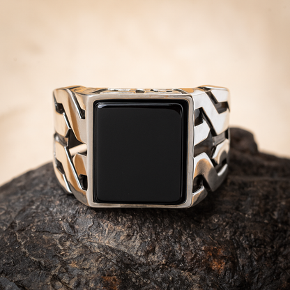 ZMR0180 – Futuristic Sterling Silver Ring with Cutout Armor Band & Square Black Onyx