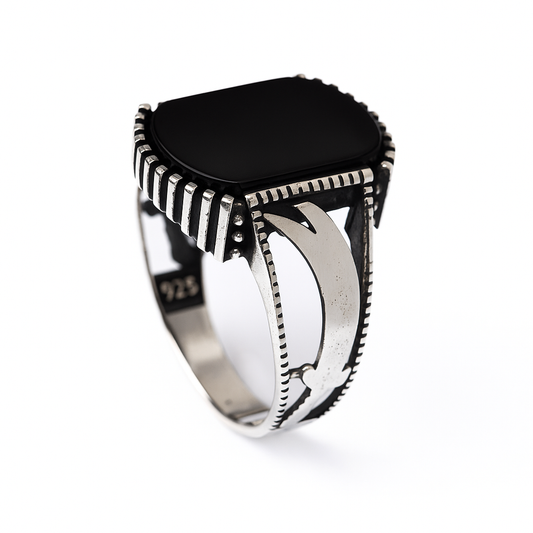 ZMR0181 – Warrior Sterling Silver Ring with Dual Sword Motif & Black Onyx Crown