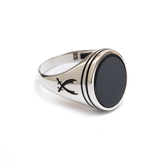 ZMR0182 – Classic Sterling Silver Ring with Crossed Swords & Oval Black Onyx