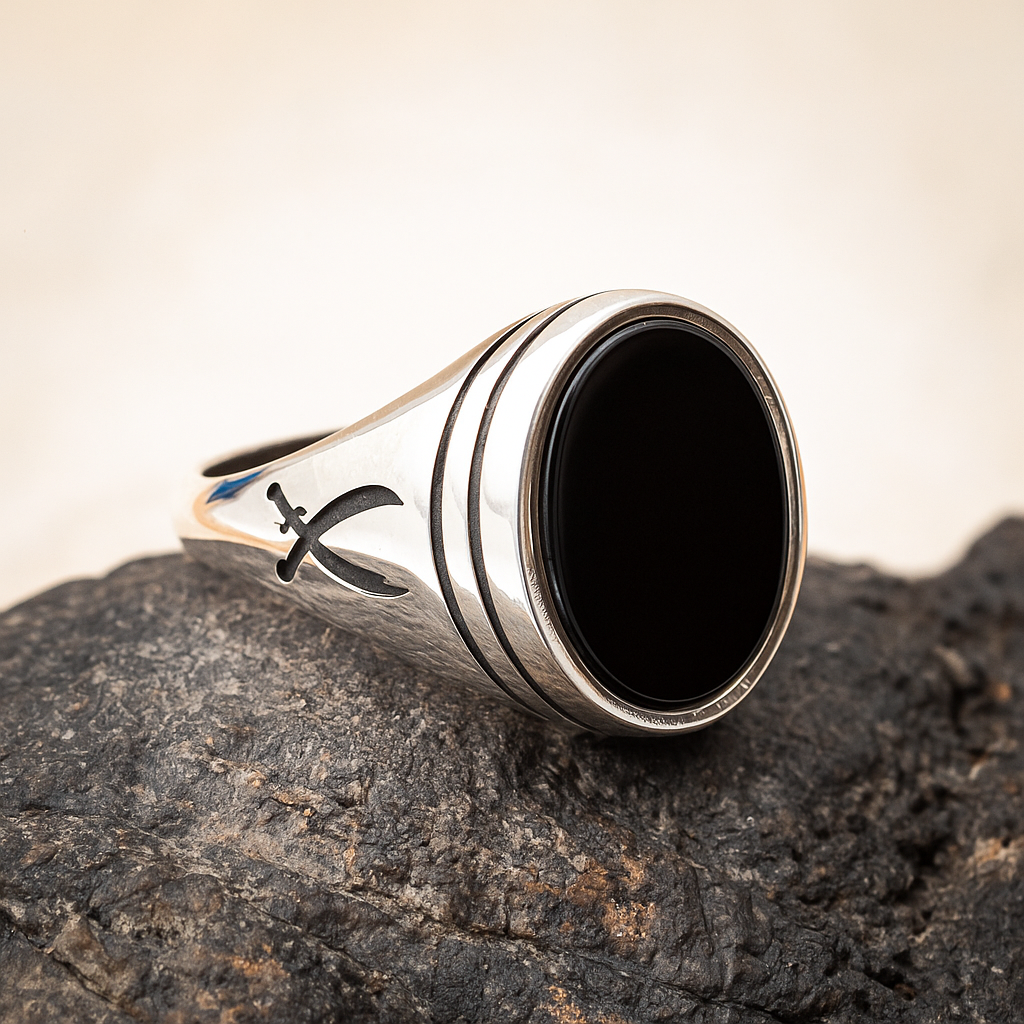 ZMR0182 – Classic Sterling Silver Ring with Crossed Swords & Oval Black Onyx