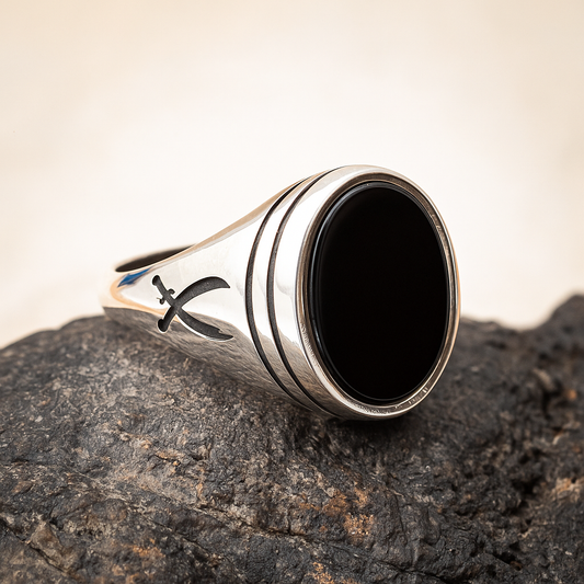 ZMR0182 – Classic Sterling Silver Ring with Crossed Swords & Oval Black Onyx