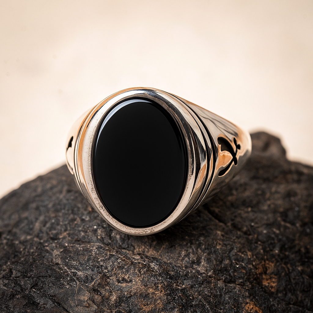 ZMR0182 – Classic Sterling Silver Ring with Crossed Swords & Oval Black Onyx