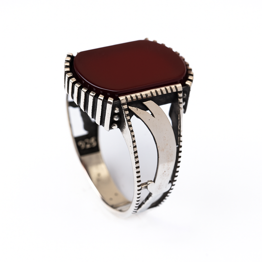 ZMR0186 – Warrior Sterling Silver Ring with Twin Swords & Blood Red Stone