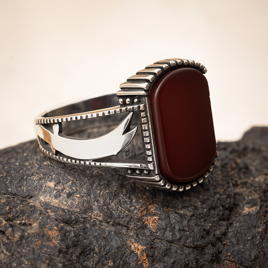 ZMR0186 – Warrior Sterling Silver Ring with Twin Swords & Blood Red Stone
