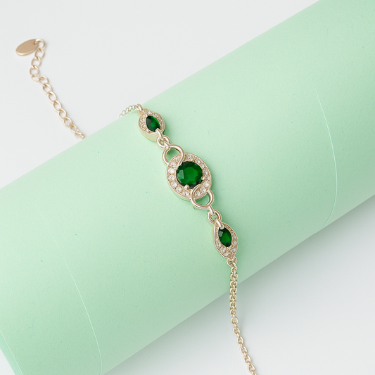 ZWB0131 – Sterling Silver Bracelet with Emerald Green Oval Crystals & Pave Halo Charm Links