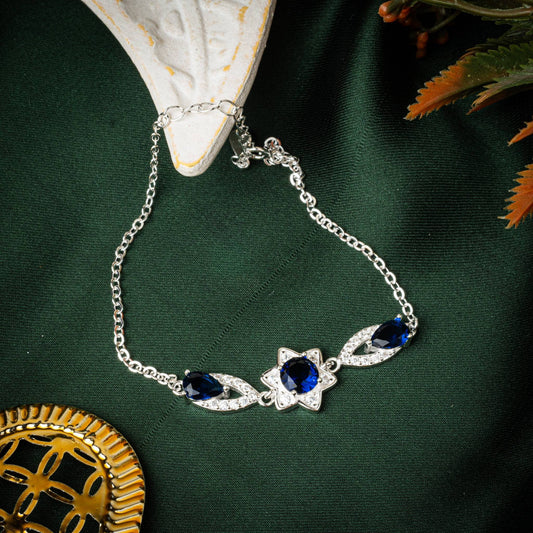 ZWB0133 – Sterling Silver Bracelet with Sapphire Blue Star Center & Navette Crystals