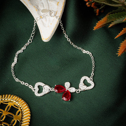 ZWB0135 – Sterling Silver Bracelet with Red Butterfly Center & Crystal-Embellished Heart Links