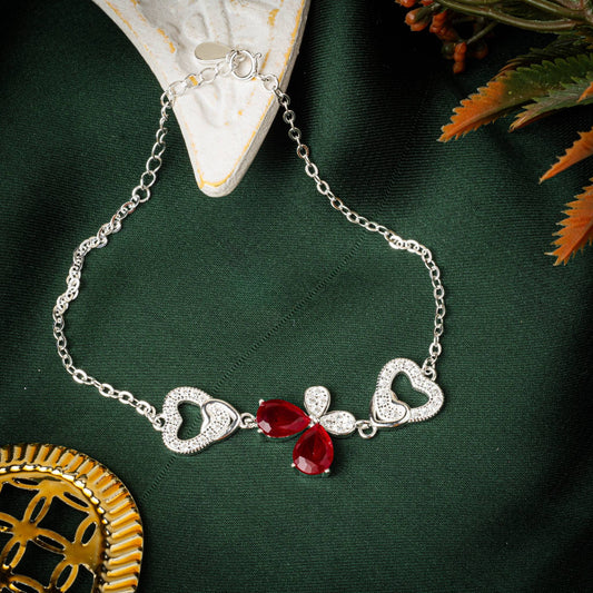 ZWB0135 – Sterling Silver Bracelet with Red Butterfly Center & Crystal-Embellished Heart Links