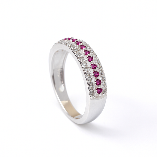 ZWR0131 – Elegant Sterling Silver Band with Crimson & Crystal Pave Detail