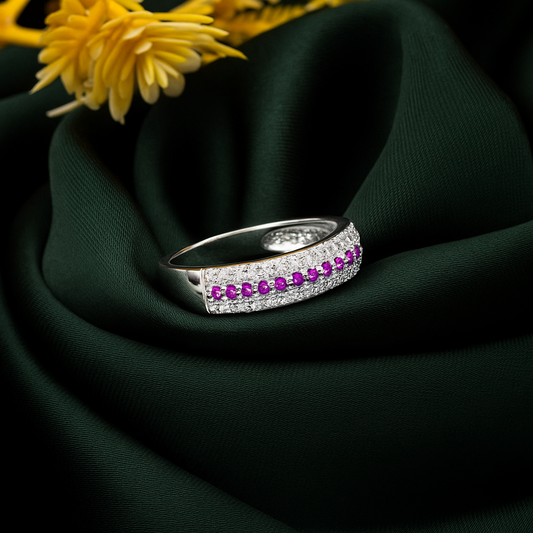 ZWR0131 – Elegant Sterling Silver Band with Crimson & Crystal Pave Detail