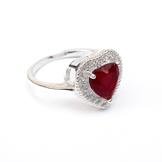 ZWR0133 – Heart-Shaped Red Stone Ring in Sterling Silver with Crystal Halo